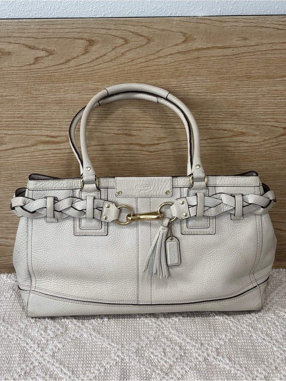 Coach white leather hampton carryall bag